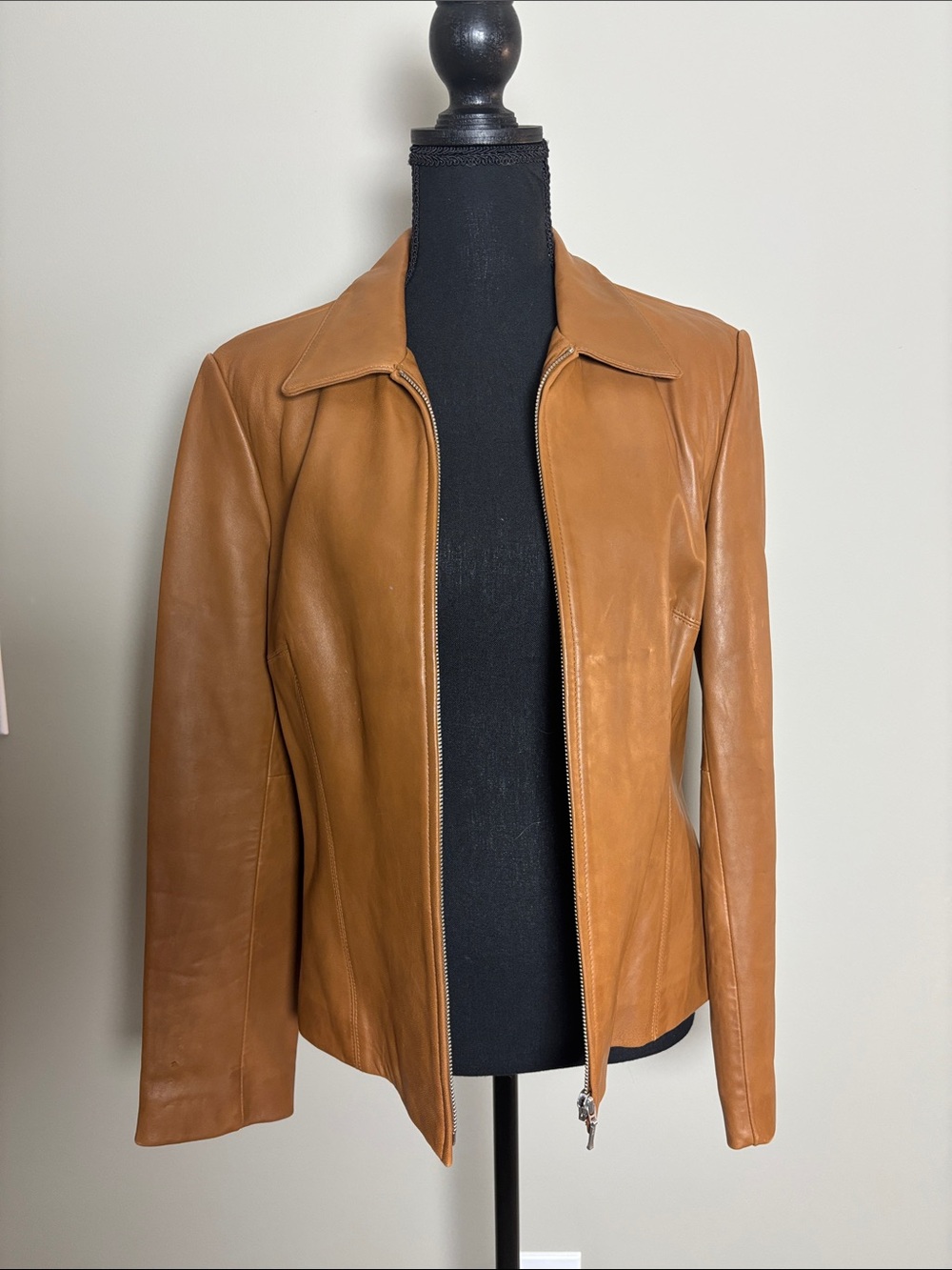 Vintage Ann Taylor Camel Leather Zip Jacket - Picture 1 of 5